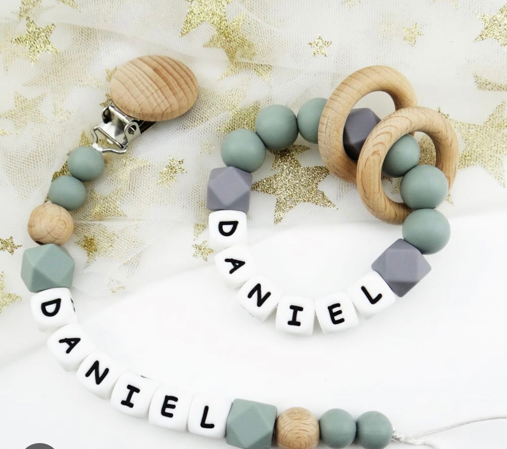 Personalised pram charm dummy clip and teether